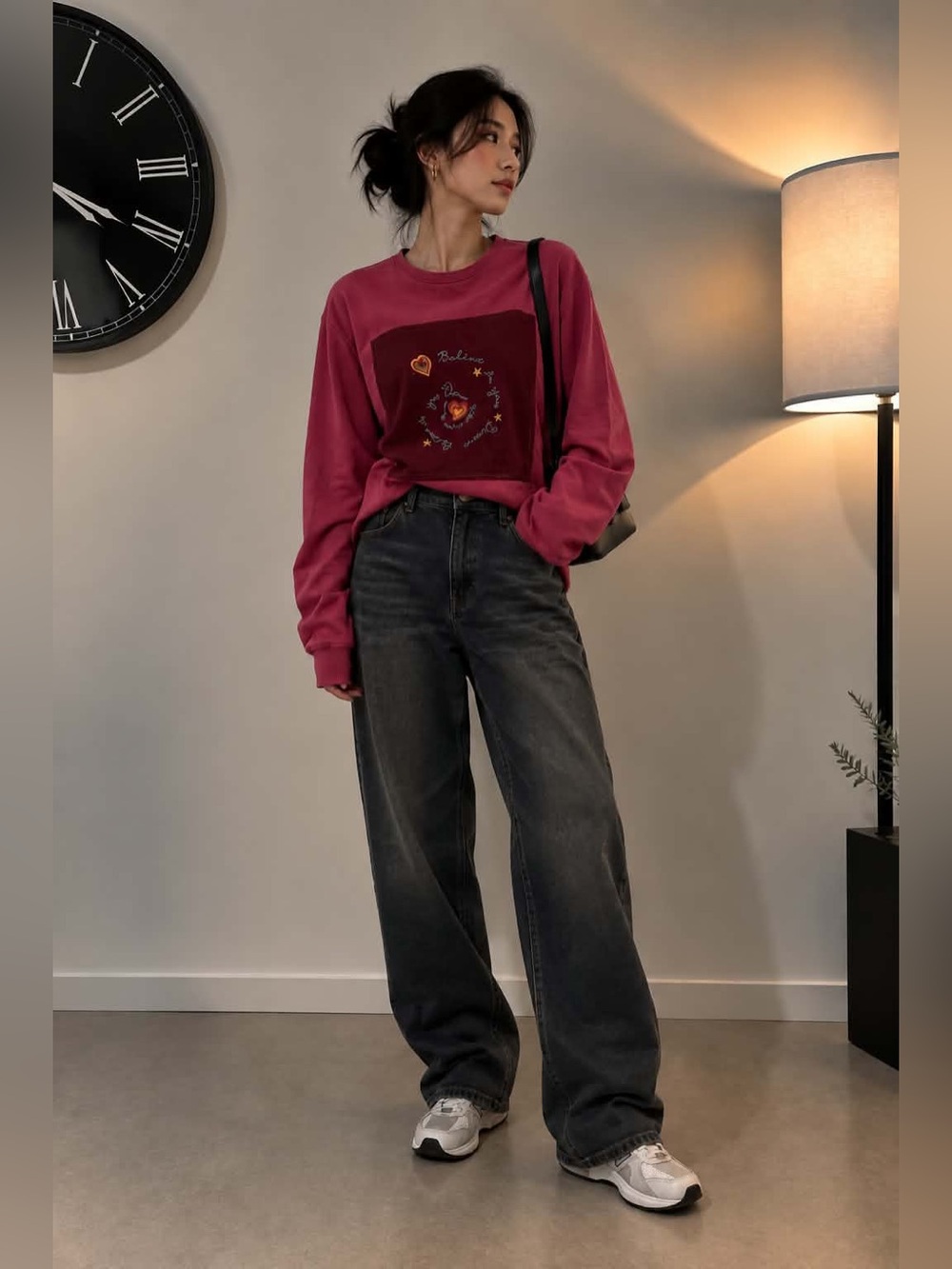 Vintage Johnny Was Raspberry Pink Long-Sleeve Top with Embroidered Hearts